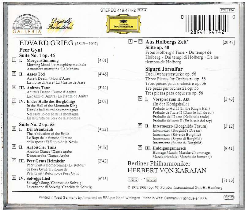 Grieg: Peer Gynt Suite No 1 & 2/Aus Holbergs Zeit - Berlin Philharomonic , Herbert von Karajan cond