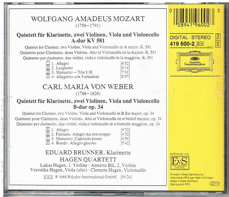 Mozart/Weber:  Clarinet Quintets - Eduard Brunner · Hagen Quartett CD