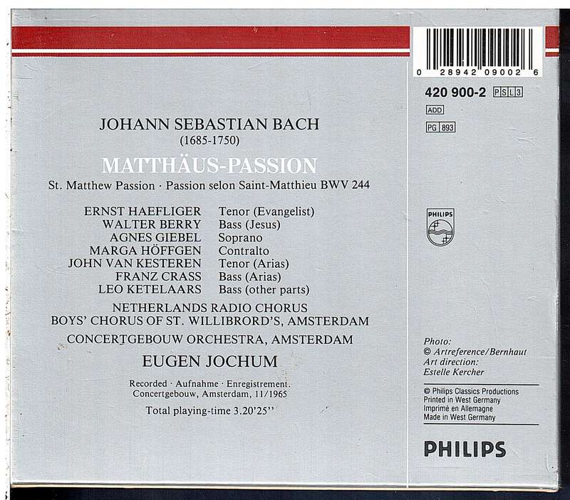 Bach: Matthaus-Passion 3 CD set - Haefliger et al, Concertgebouw Orchestra, Eugen Jochum (cond)