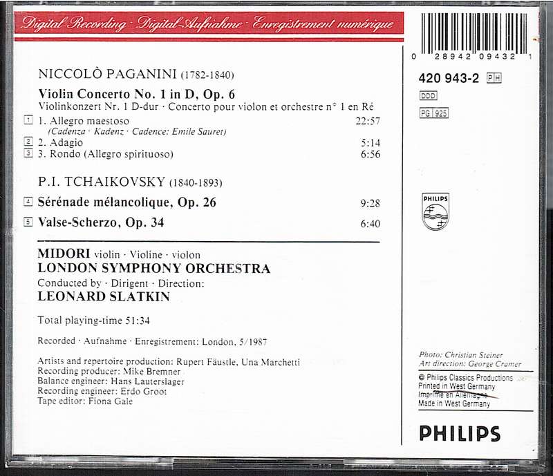 Paganini / Tchaikovsky: Violin Concert No 1 / Serenade, Melancolique - Midori, LSO CD