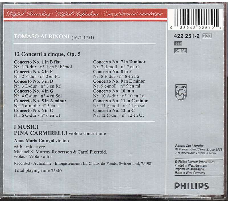 Albinoni: 12 Concerti a Cinque Op 5 - I Musici CD