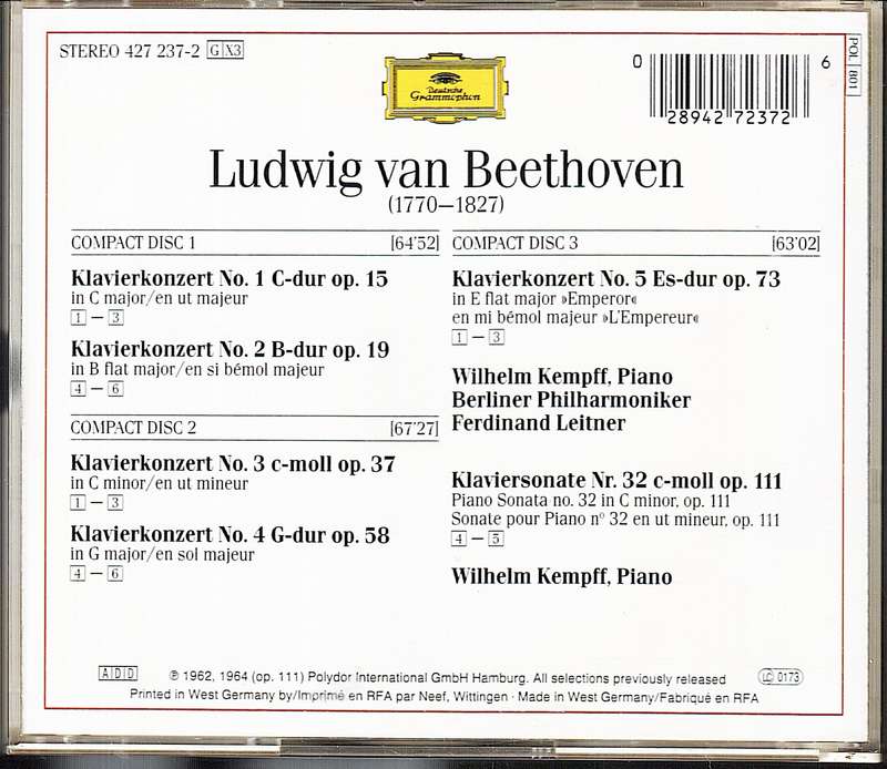 Beethoven: 5 Piano Concertos 3 CD Set - Wilhelm Kempff (Piano)/Berliner Philharmoniker/Leitner