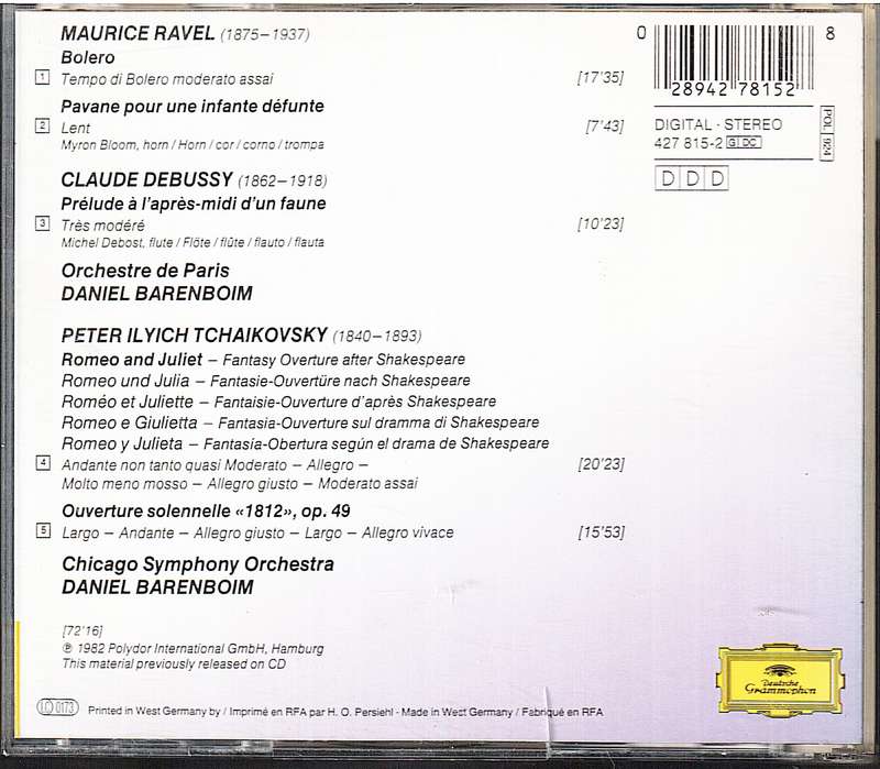 Ravel/Debussy/Tchaïkovsky: Bolero/, Prelude À LAprès-midi DUn Faune/1812 Overture - Barenboim CD