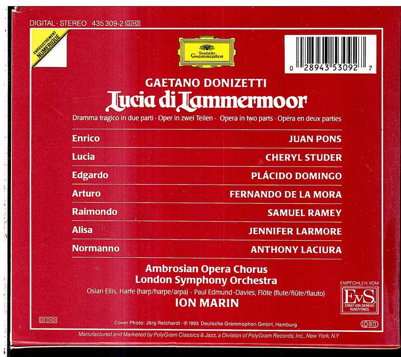 Donizetti: Lucia di Lammermoor 2 CD set - Cheryl Studer/Placido Domingo, London SO, Ion Marin (Cond)
