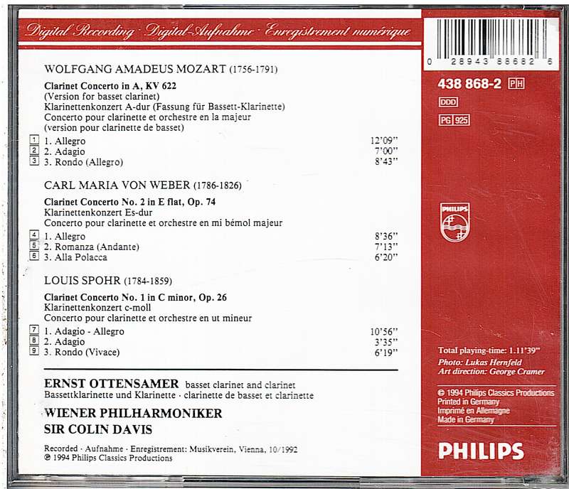 Mozart/Spohr/Weber: Concertos For Basset Clarinet And Clarinet - Ernst Ottensamer, Vienna PO CD