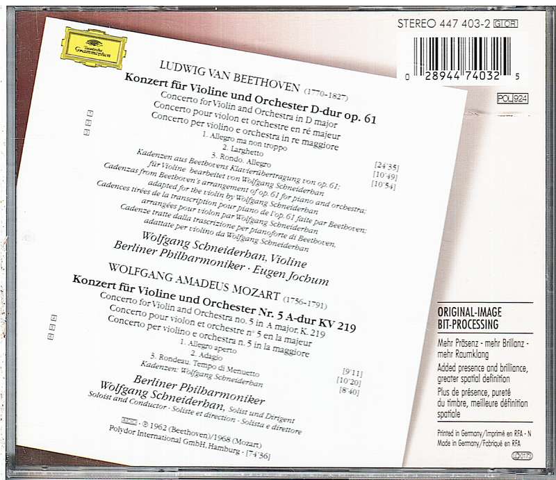 Beethoven/Mozart: Violin Concerto/Violin Concerto #5 - Wolfgang Schneiderhan, Berlin Philharmonic CD