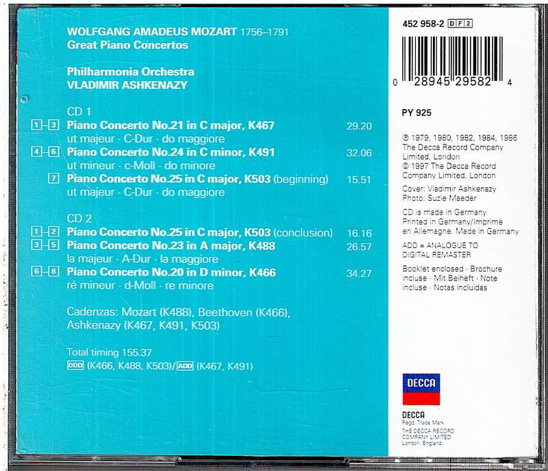 Mozart: Great Piano Concertos - Philharmonia Orchestra, Vladimir Ashkenazy 2 CD Set