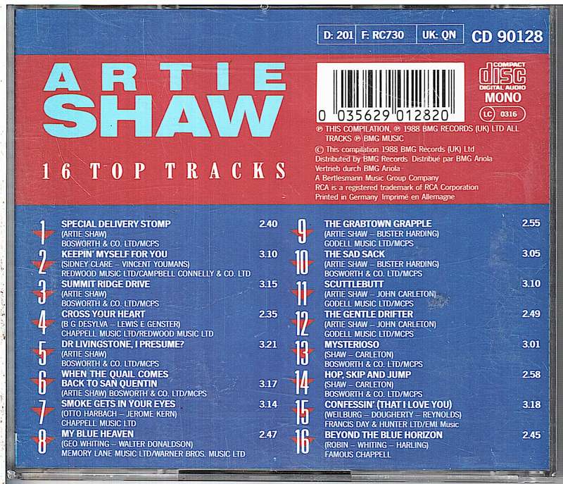 Artie Shaw - 16 Top Tracks CD [Diamond Series]