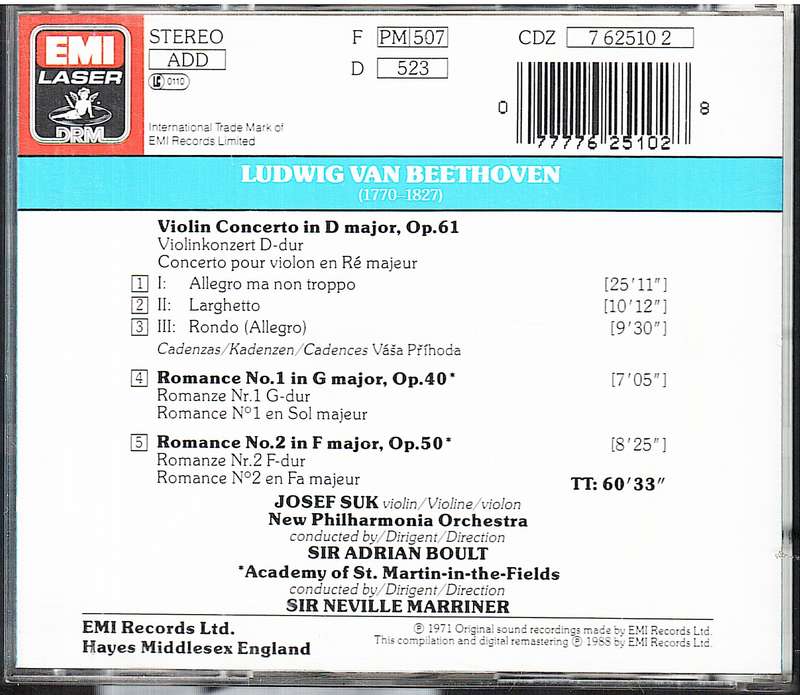 Beethoven: Violin Concerto - Josef Suk, New Philharmonia Orchestra, Adrian Boult CD