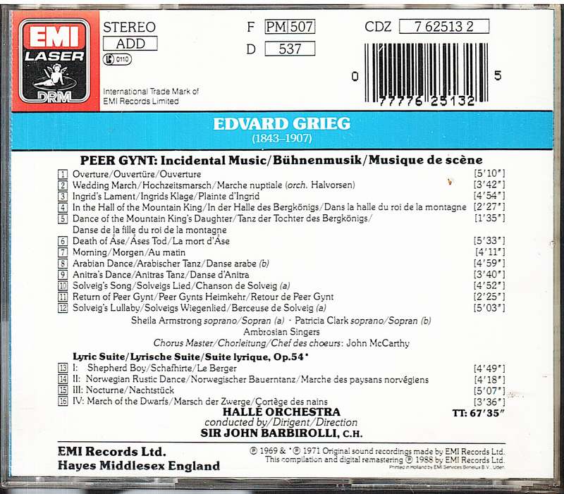 Grieg: Peer Gynt / Lyric Suite - Sheila Armstrong/Patricia Clark/Halle Orchestra/John Barbirolli CD