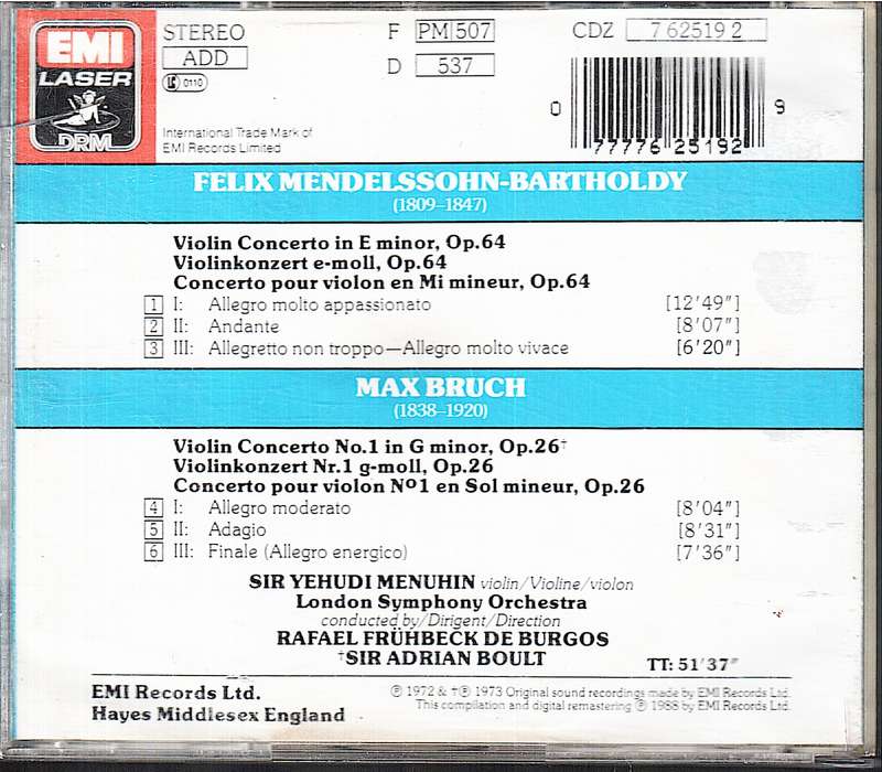 Mendelssohn/Bruch: Violin Concertos - Yehudi Menuhin, LSO, Sir Adrian Boult CD