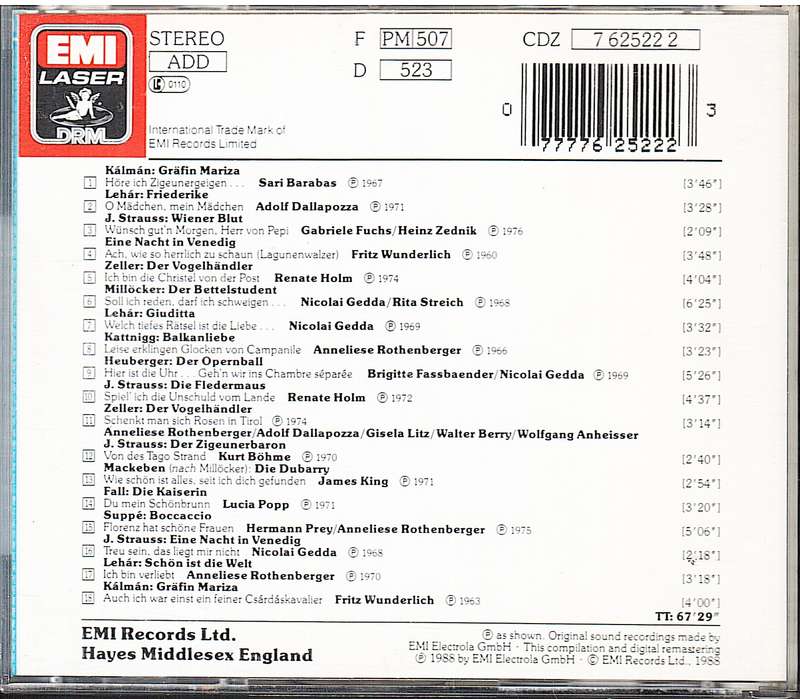 Best-Loved Operetta Arias - Popp/Rothenberger/Fassbaender/Wunderlich/Gedda/Prey CD