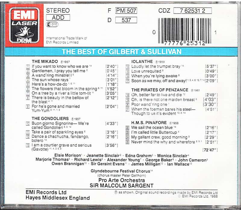 The Best of Gilbert & Sullivan - Pro Arte Orchestra, Sir Malcolm Sargent CD
