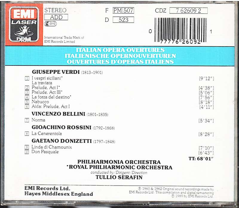Italian Opera Overtures: Philharmonia Orchestra / RPO, Tullio Serafin CD