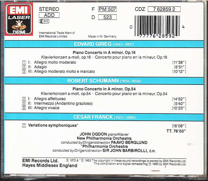Grieg / Schumann / Franck: Piano Concertos / Variations Symphoniques - John Ogden, Paavo Berglund CD