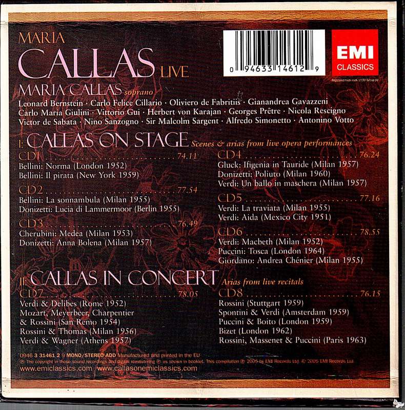 Maria Callas Live 8 CD Box [Each CD in own cardboard sleeve]