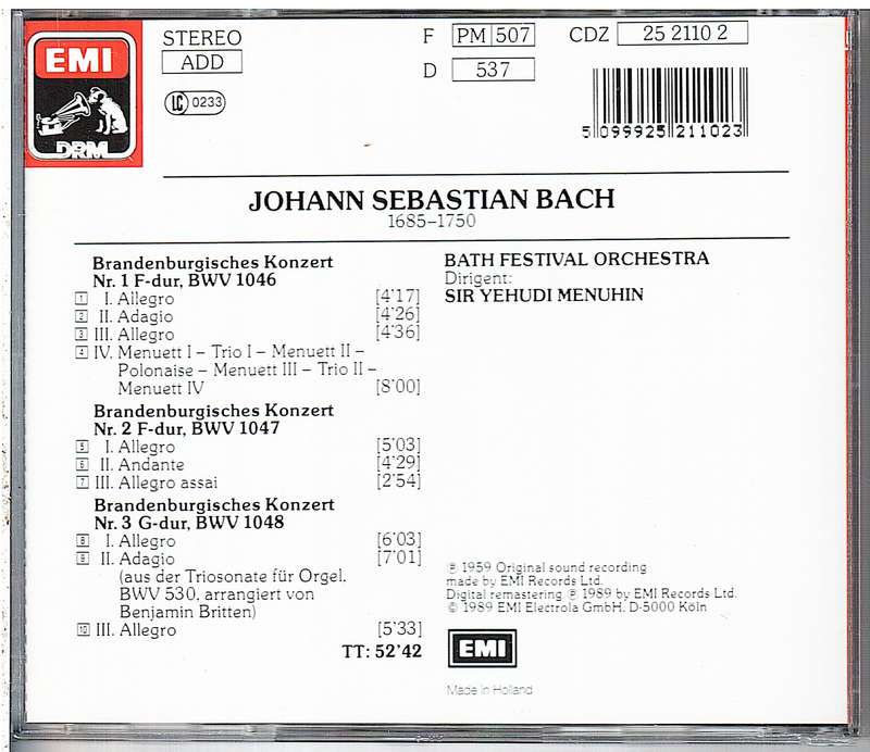 Bach: Brandenburg Concertos No 1-3 - Bath Festival Orchestra, Yehudi Menuhin cond.   CD