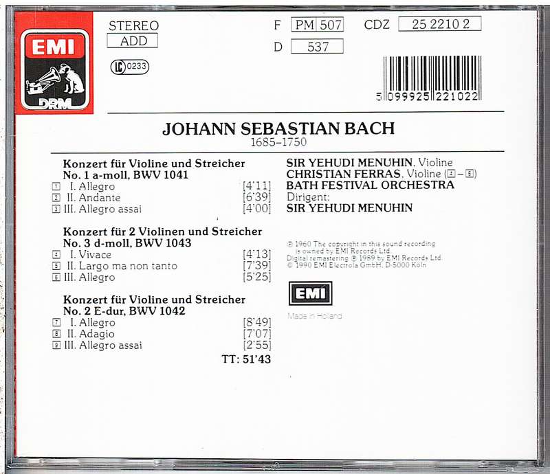 Bach: Violin Concertos No 1-3 - Bath Festival Orchestra, Yehudi Menuhin cond.   CD