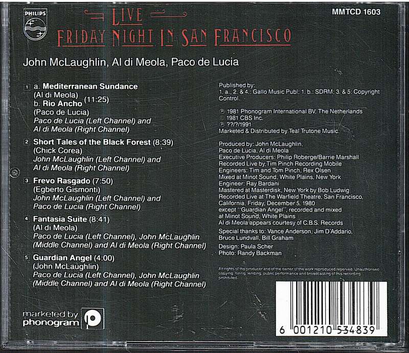 Al Di Meola | John McLaughlin | Pace De Lucia - Friday Night in San Francisco CD