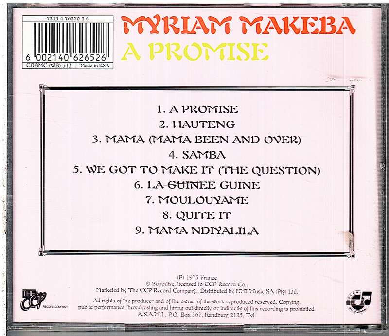 Miriam Makeba (as Myriam Makeba) - A Promise CD