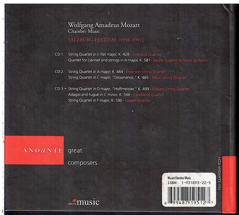 Wolfgang Amadeus Mozart  Chamber Music Salzburg Festival, 1956-1991 3 CD Set (with 120 page book)