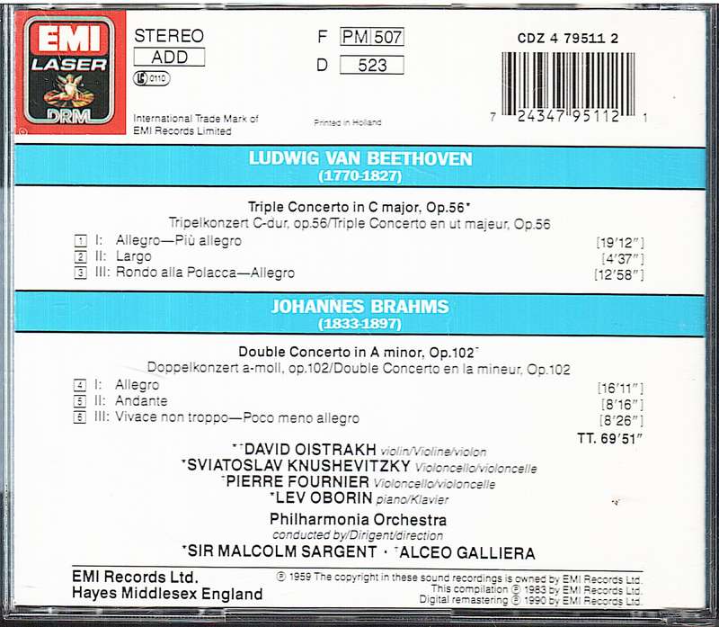 Beethoven/Brahms: Triple Concerto/Double Concerto - Oistrakh, Philharmonia Orchestra, Sargent CD
