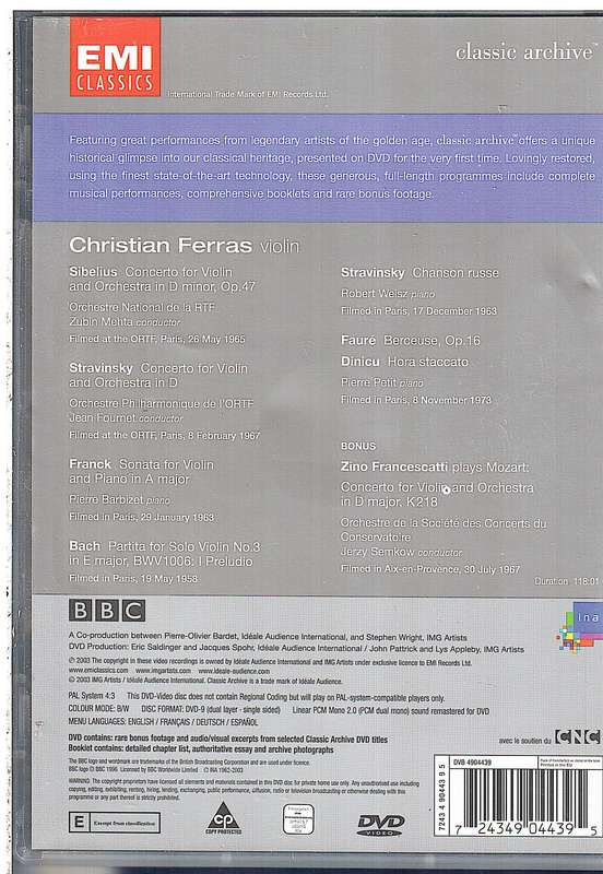 Christian Ferras: Sibelius/Stravinsky/Franck  Violin Concerto In D Minor/in D etc DVD