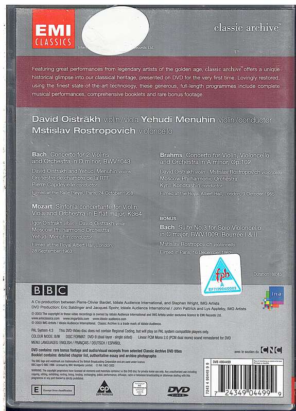 Oistrakh/Menuhin/Rostropovich/Bach/Brahms/Mozart  Double Concerto D/Double Concerto A Minor etc DVD