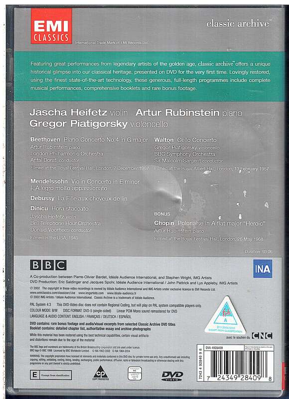 Heifetz/Rubinstein/Piatigorsky - Beethoven/Mendelssohn/Walton DVD
