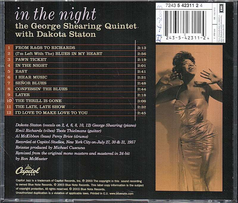 The George Shearing Quintet with Dakota Staton - In The Night CD