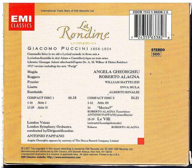 Puccini: La Rondine 2 CD set - Angela Gheorghiu et al/London Symphony Orchestra/Antonio Pappano Cond