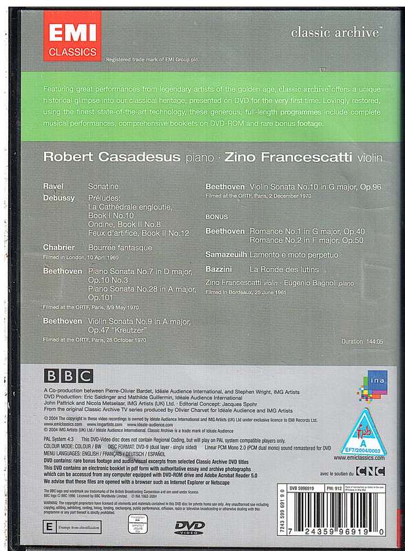 Robert Casadesus, Zino Francescatti: Beethoven/Ravel/Debussy/Chabrier  Violin Sonatas No 9 etc DVD