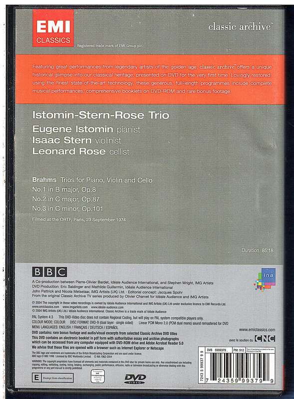 Istomin-Stern-Rose Trio: Brahms Trios Nos 1-3 DVD