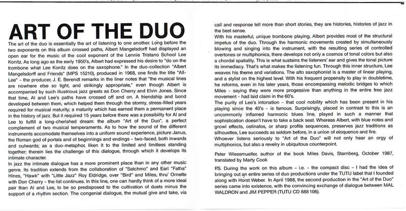 Art of the Duo - Albert Mangelsdorff/Lee Konitz CD