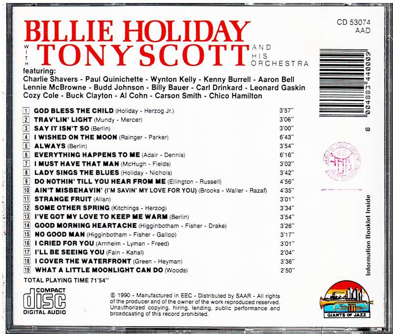 Billie Holiday With Tony Scott & His Orchestra  Billie Holiday With Tony Scott & His Orchestra CD