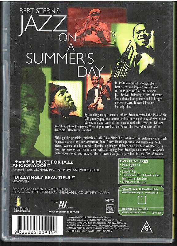 Bert Stern's Jazz on a Summer's Day DVD [AUSTRALIAN RELEASE] [RARE]