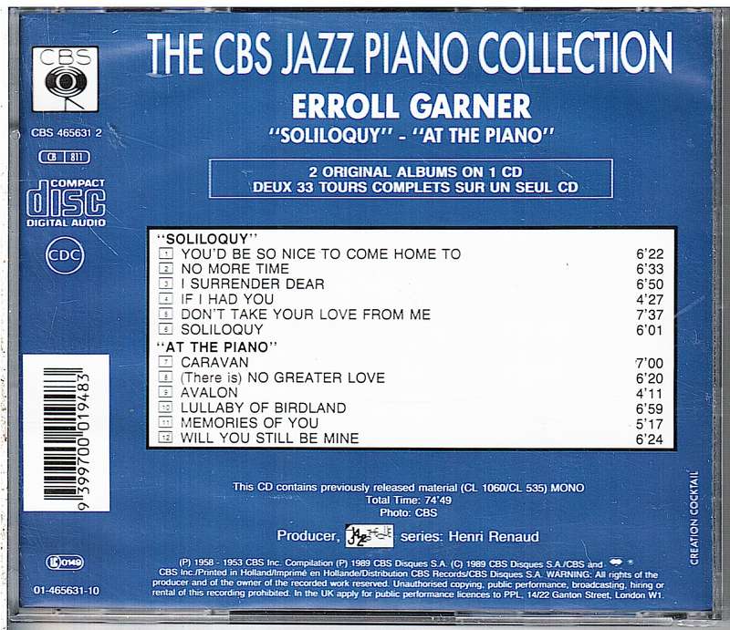 Erroll Garner - "Soliloquy" / "At the Piano" CD [2 Albums on 1 disc]