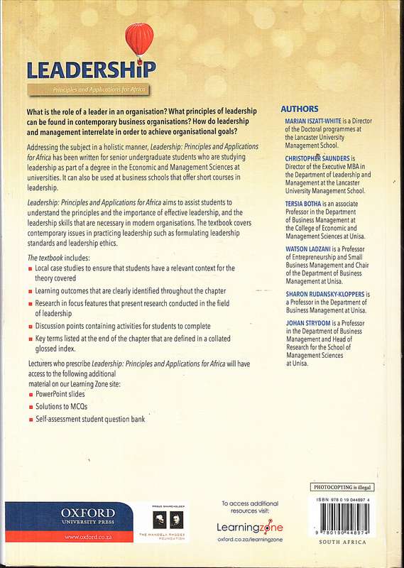 Leadership: Principles and Applications for Africa - Iszatt-White, Saunders, Botha et al