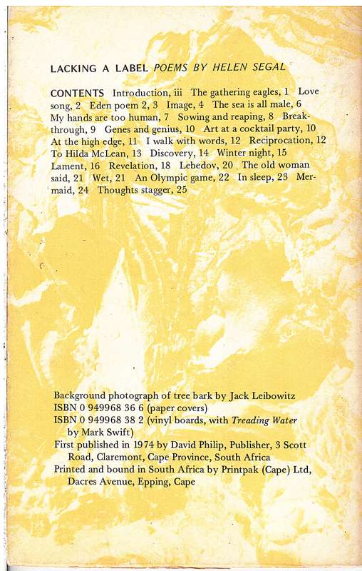 Mantis Editions of Southern African Poets 5: Helen Segal - Lacking a Label (Jack Cope Ed.)