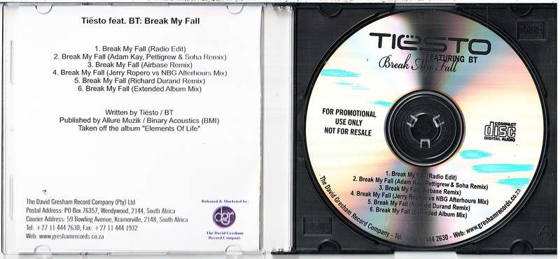 Tiësto Featuring BT  Break My Fall CD Single [PROMO]