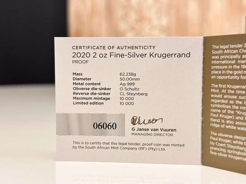 2oz Silver Proof Krugerrand 2020 - In Original SA Mint box with Certificate