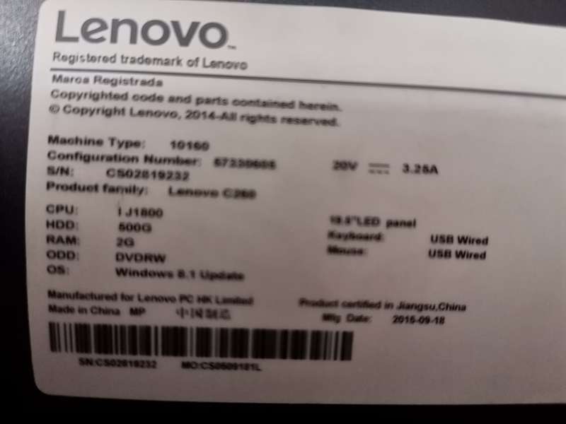 Lenovo C260 AIO - 19.5" LED - 2GB RAM/ 500GB HDD + Windows 8 - Condition as per photos