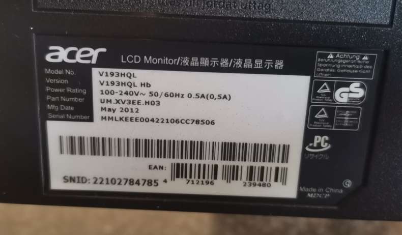 Acer V193HQL 19" Monitor - VGA port only