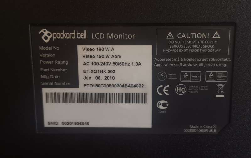 Packard Bell Viseo 190 WA 19" LCD Monitor - VGA port only