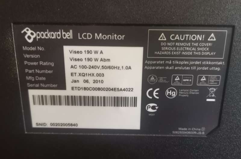 Packard Bell Viseo 190 WA 19" LCD Monitor - VGA port only