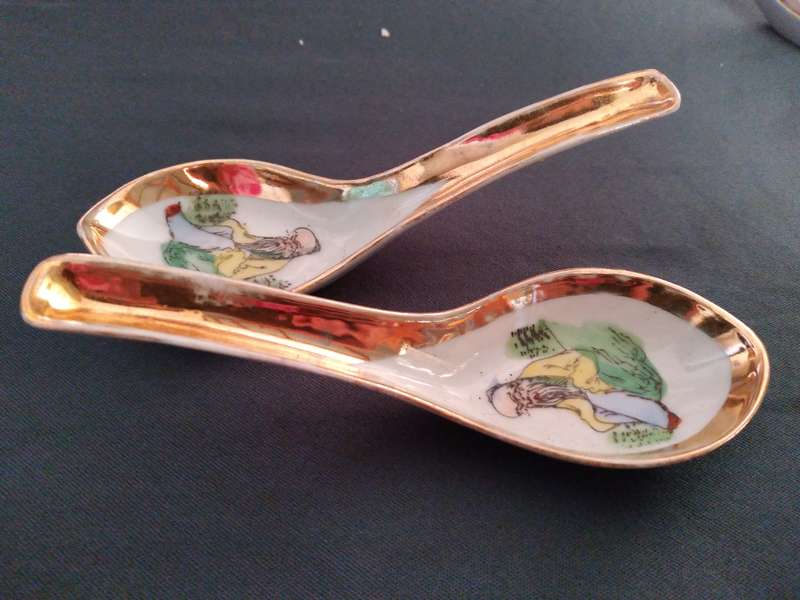 Vintage Porcelain Chinese Soup Spoons with hand printed Old Man