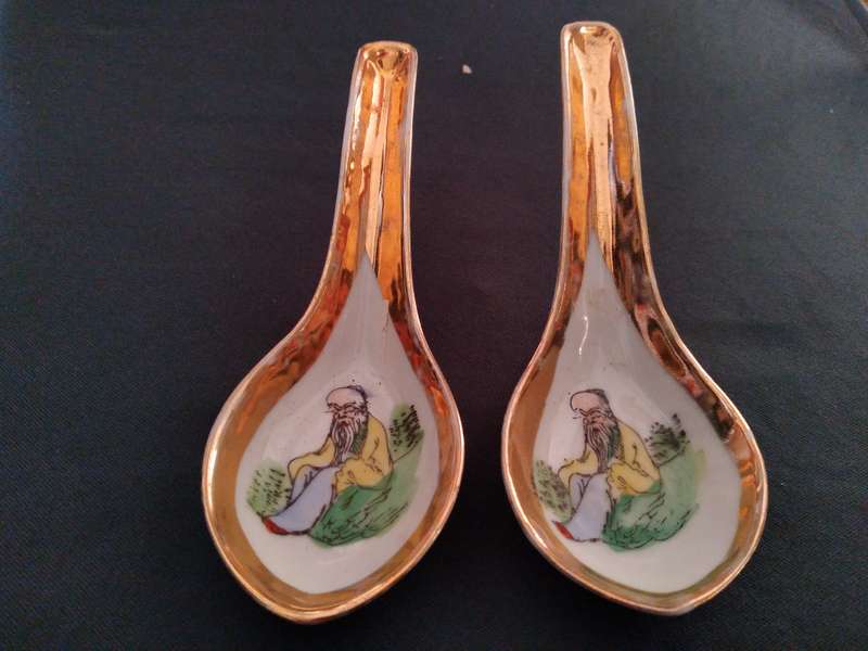Vintage Porcelain Chinese Soup Spoons with hand printed Old Man