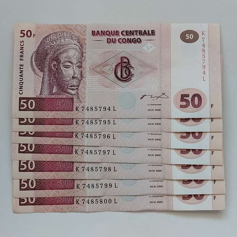 50 Francs Congo Notes in Sequence (7485794-7485800) #N0019