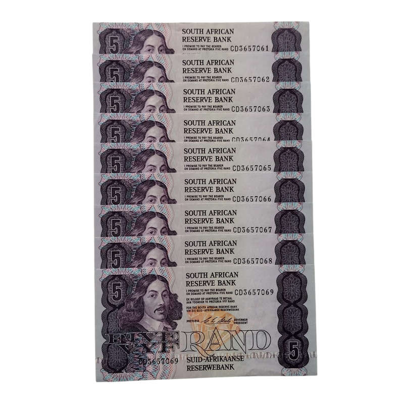 9x Uncirculated Five Rand C L Stals in Sequence 1990 First & Only Issue #N0025