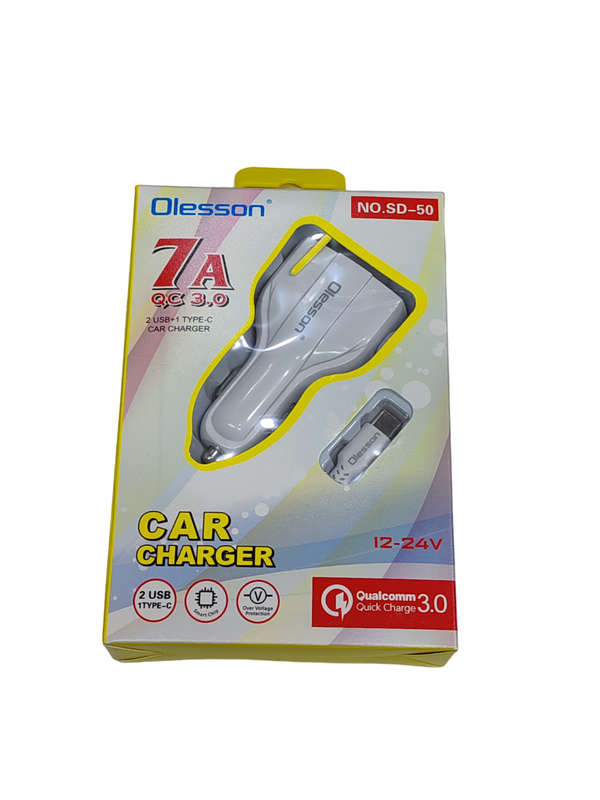 Fast Charging - 3 Port Car Charger 2 USB And 1 Type C  With Type Cable